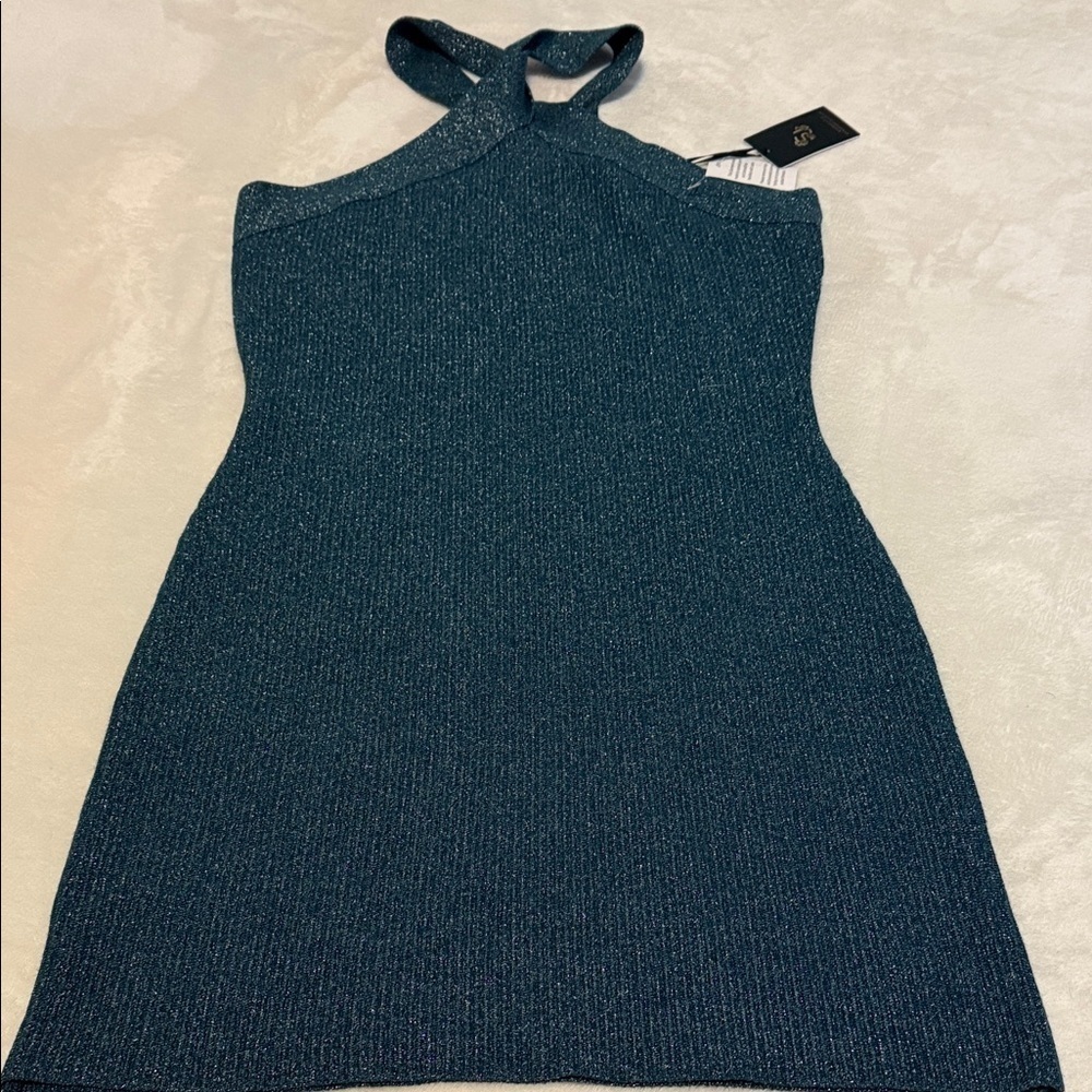 Sincerely Jules Metallic Teal Ribbed Halter Bodycon Mini Dress NWT Medium - Picture 9 of 14